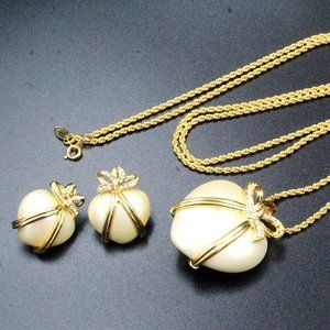 Joan Rivers Contemporary Puff Heart Beige Necklace Earrings Set